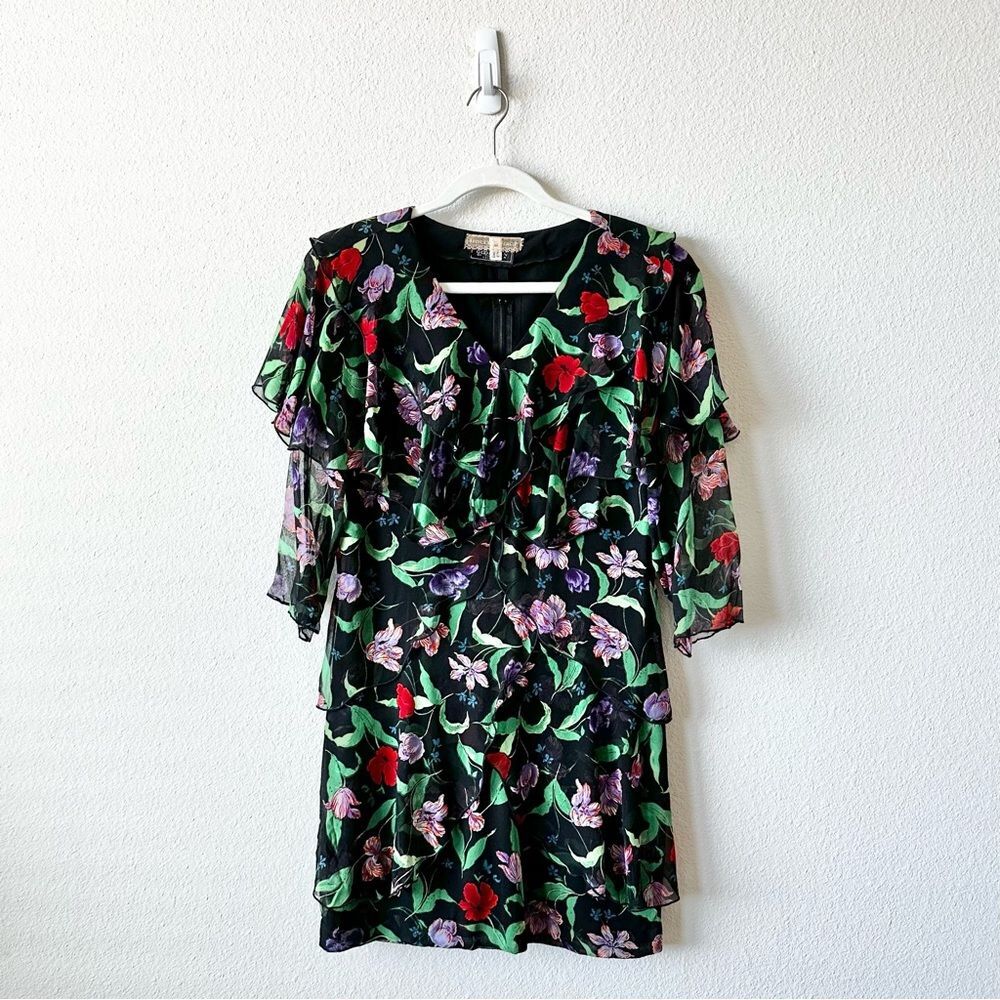 Vintage Holly Harp Ruffle Layered Tiered Floral Dress in Black Size Medium 80s - Picture 2 of 10